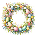 Fototapeta Mapy - Watercolor little peach rabbit is sitting in the flowers wreath. Easter bunny and yellow chick, decorative eggs yellow, blue, violet. Template for designs , card, wallpaper. Generate by AI.