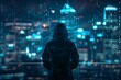 a hacker in a dark hood looking out at a city at night, futuristic holographic code floats around them, with copy space