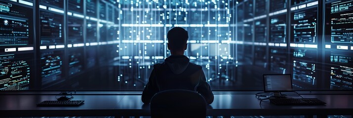 silhouette of a cybersecurity expert standing in safe and secure business server room