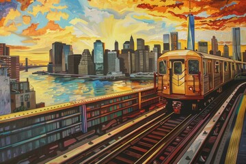 Wall Mural - A painted golden subway train on the New York City subway system Generative AI