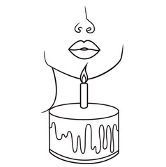 Girl blows out a candle on a cake abstract vector outline on a white background