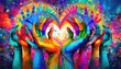 Vibrant abstract hand heart shapes conveying passionate love in a colorful artistic depiction