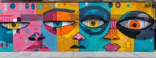 Colorful Graffiti Mural On Urban Wall, Featuring Abstract Eyes And Faces With Eclectic Designs.