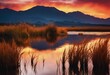Landscape, water, sunset, reflection, illustration, ,refresh, ,Gently, Land, plant, mountain, ,Peaceful, View, Grass, image, multi colored,