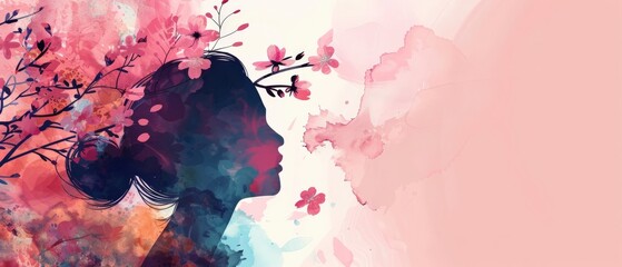 Wall Mural - abstract watercolor girl and flowers background