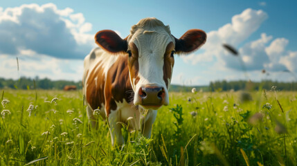 Close-up of a cow walking and grazing in a green valley. Concept of nature, agriculture.