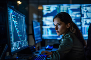 Wall Mural - a cybersecurity business expert, examining a code on a digital display, with copy space