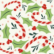 © Sally Anscombe/Stocksy - Christmas Candy canes and holly repeat pattern 12x12'