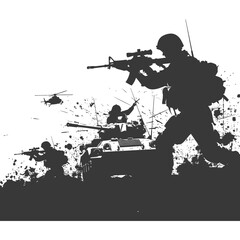 silhouette of a modern war situation black color only