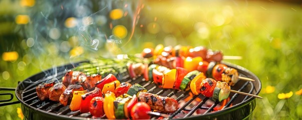 Wall Mural - BBQ skewers on a grill with colorful vegetables