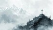 A serene digital painting of a cross atop a misty mountain