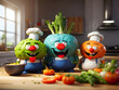 Three cartoon vegetable characters in chef attire busy cooking in a modern kitchen setting