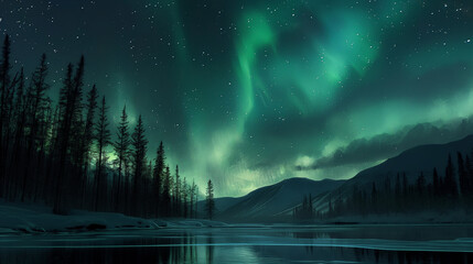 Wall Mural - aurora borealis, northern lights, lapland, winter landscape majestic northern lights dance in starry