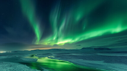 Wall Mural - aurora borealis, northern lights, lapland, winter landscape majestic northern lights dance in starry
