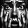 A close view portrait of woman in hyper realistic manner standing with hands on face in fear.