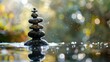 Rainy Day with Stacked Stones on a Pond - A Zen and Relaxing Image