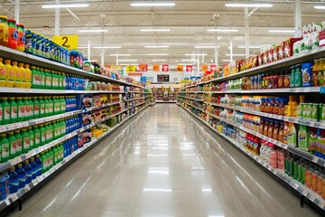 Supermarket aisle filled with a vast selection of products Bright and inviting Offering endless choices