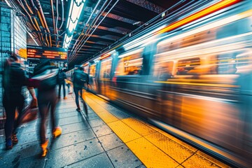 A bustling subway station with people walking and trains moving fast in the background Generative AI