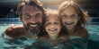 © Ammar Anwar  - two little daughter swimming with her father in pool with blue cloudy sky, father's day concept