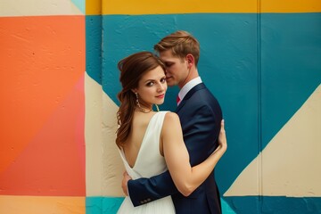 A man and a woman stand next to each other, smile and enjoy love. Abstract multi-colored background.