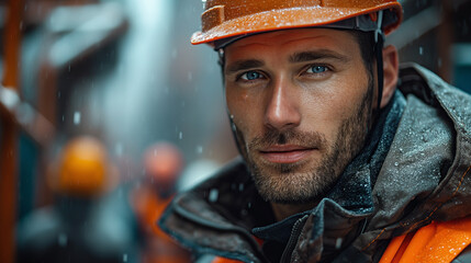 Wall Mural - Portrait of a man in uniform and helmet on the building background, concept of civil engineering or rescuer