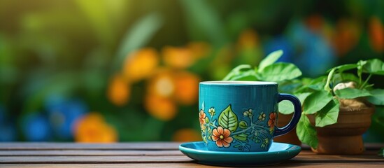 Canvas Print - A blue ceramic coffee cup sits atop a wooden table, with a background of blue interior. A serene scene of a simple coffee moment.