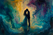 Man and woman embracing in surreal, colorful liquid fantasy dreamscape. Neural network generated image. Not based on any actual person or scene.