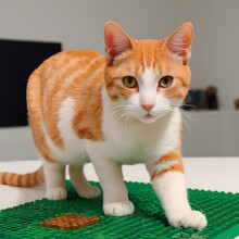 A Cat Standing On Some Green Lego Blocks.