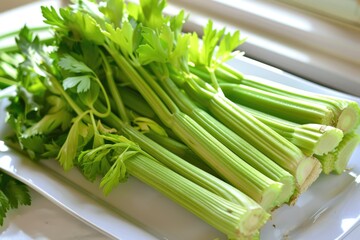 Wall Mural - A white plate with green celery on it