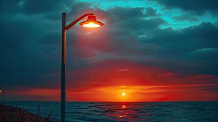 Wall Mural - Color photo of a solar powered street light providing eco friendly outdoor lighting