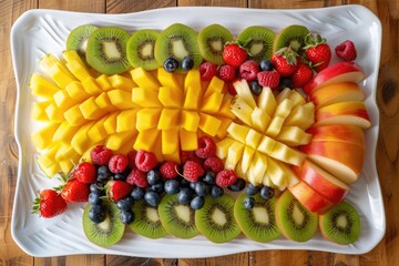 Wall Mural - A white plate with a variety of fruits including kiwi, strawberries, blueberries