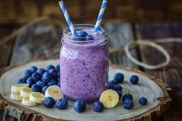 Wall Mural - A glass of blueberry smoothie with a banana and two blue straws