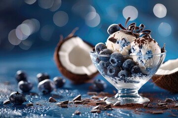 Wall Mural - A bowl of ice cream with blueberries and chocolate chips on top