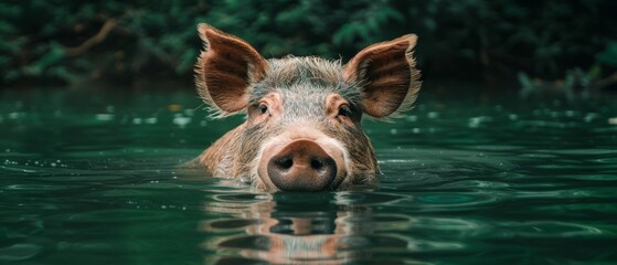 Sticker -  a close up of a pig in a body of water with its head above the water's surface and trees in the background.