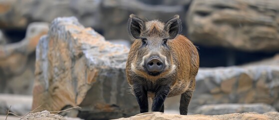 Sticker -  a wild boar standing on top of a pile of rocks next to a pile of dirt and a pile of rocks.