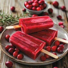 Wall Mural - Three popsicles with red berries on top of a white plate