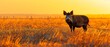 a cow standing in the middle of a field of tall grass with the sun setting in the distance behind it.