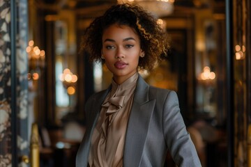 Wall Mural - A woman in a black and gold jacket stands in front of a mirror