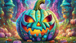 Halloween pumpkin with a mischievous expression,