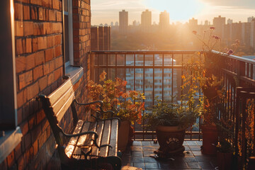 Wall Mural - A sunny balcony with a railing, a bench, a flower pot, and a view of the city