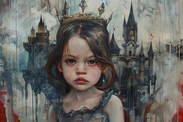 Wall Mural - A painting of a young girl as a princess with a crown, a dress, and a castle