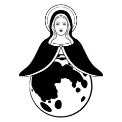 Wall Mural - Virgin Mary and full moon. Lunar goddess. Selene, Hecate or Nyx. Black and white silhouette. Creative mythological concept.