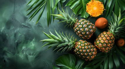  tropical pineapple and citrus fruits with palm leaves on dark green textured background