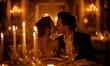 Passionate kiss exchanged between a romantic young couple amidst the elegance of a candlelit dinner