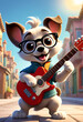 Little dog, with cartoonish features and an infectious smile, playing the guitar deftly on a busy city street