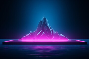synthwave iceberg podium with blue purple neon light. Tech and IT industry banner. data science and crypto currency trading. Obstacles concept.