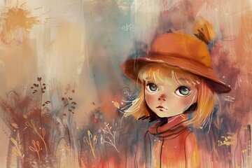 Wall Mural - illustration of a cartoon girl wearing a hat