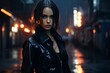 woman in black cyberpunk style clothes in night city in the rain