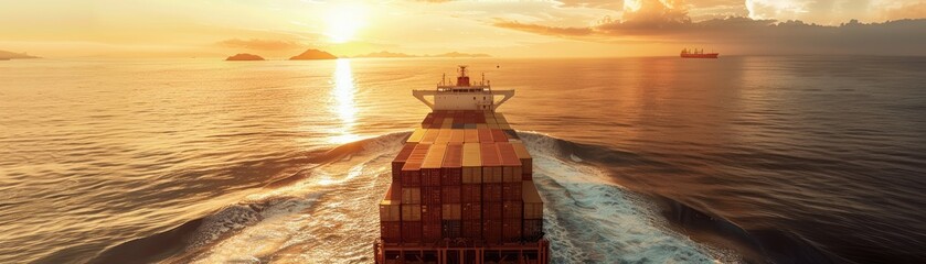 Wall Mural - Cargo ship at sea during a golden sunset, symbolizing global trade routes