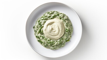 Wall Mural - Picture showcasing CREAMED SPINACH with CREAM and NUTMEG served on a white round plate against a white background, top view